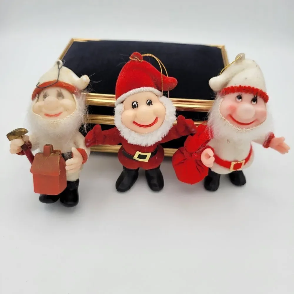 Adorable Trio of Vintage Flocked Santa & Santa's Helpers Elves Ornaments